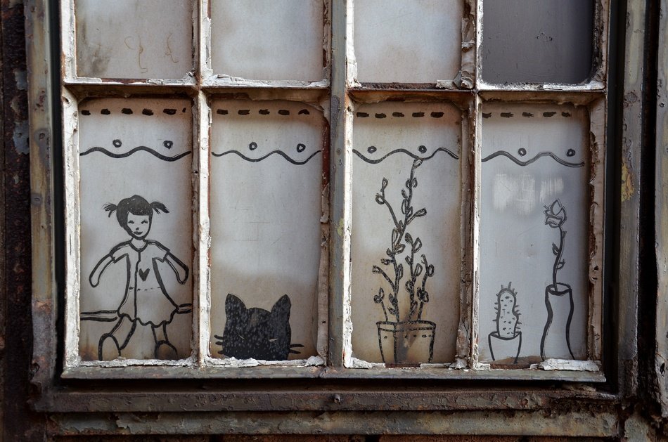 drawings in the window instead of glass