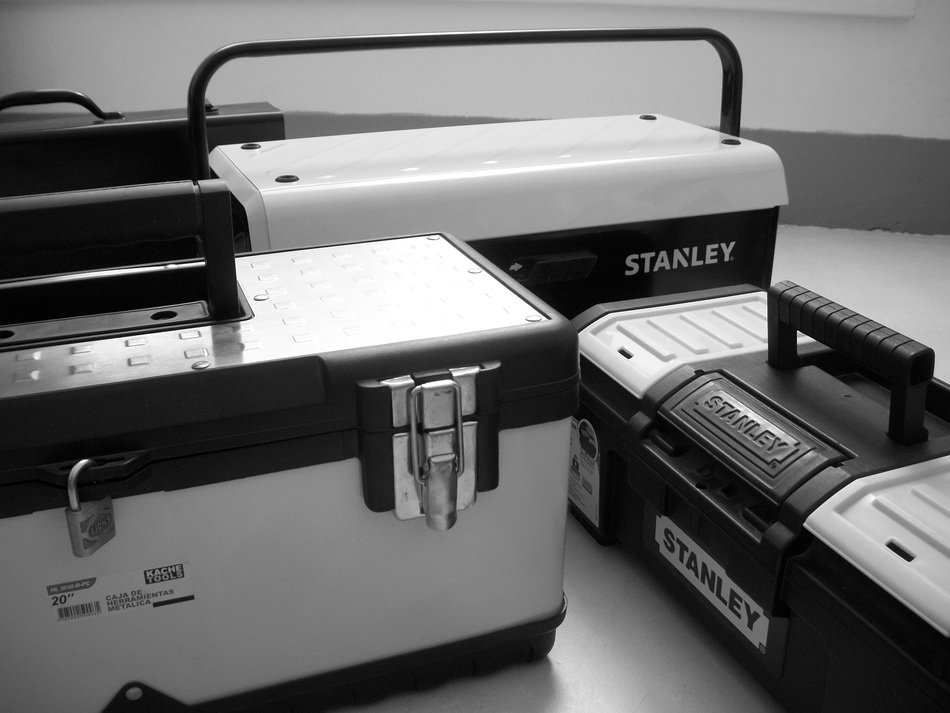 toolboxes in black and white