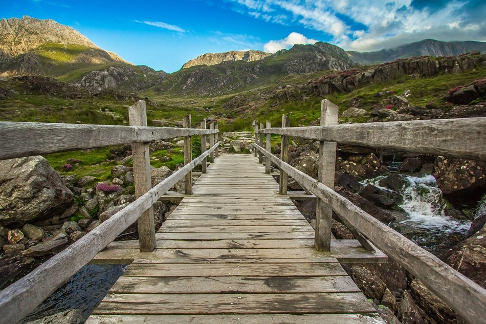 wooden bridge over the river in Snowdonia