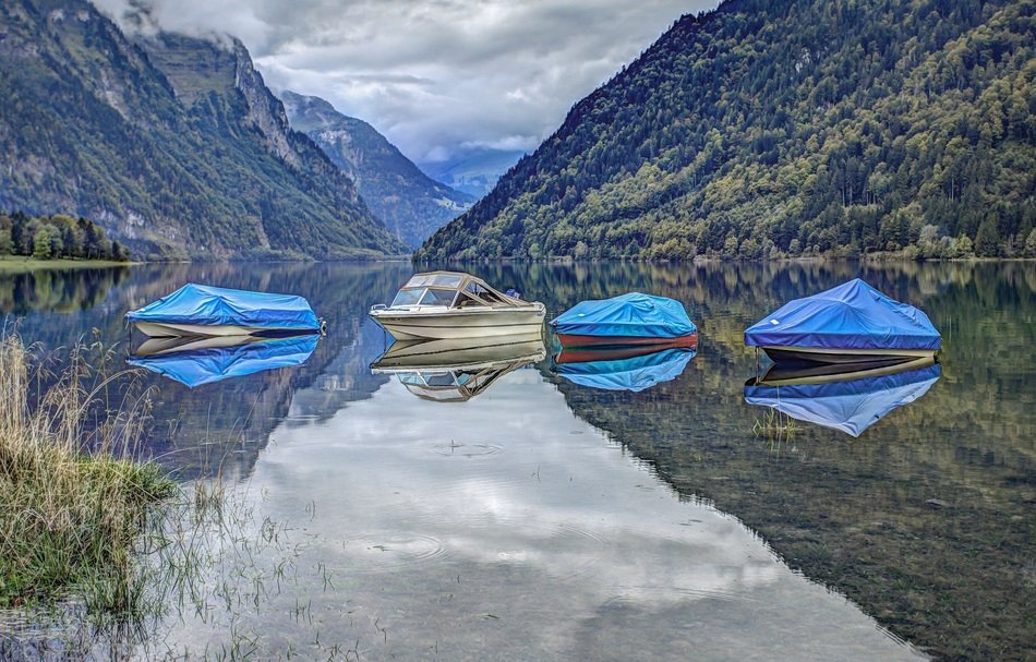 Landscape of motorboats on a water