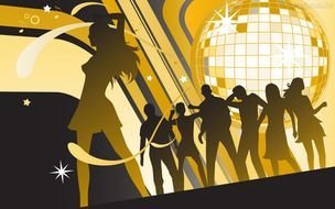 Disco Dance, silhouettes at mirror ball, digital art