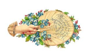 Victorian drawing, female Hand with fan and blue flowers