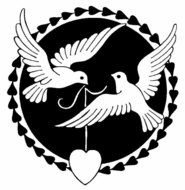 drawn two white doves with a heart in a black circle