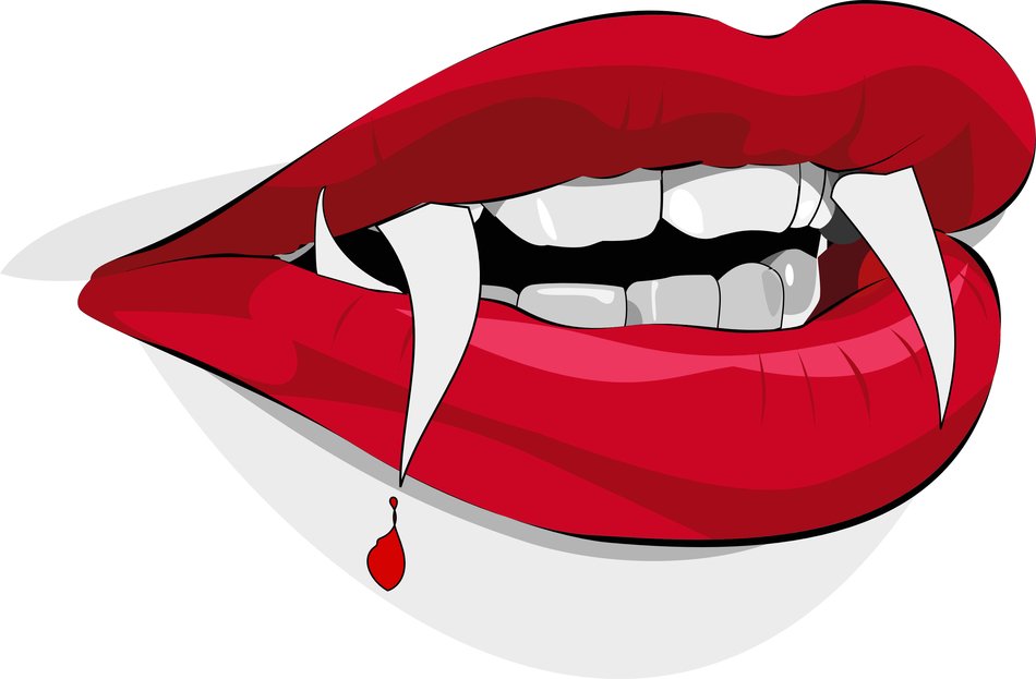 Vampire mouth with drop of blood, drawing