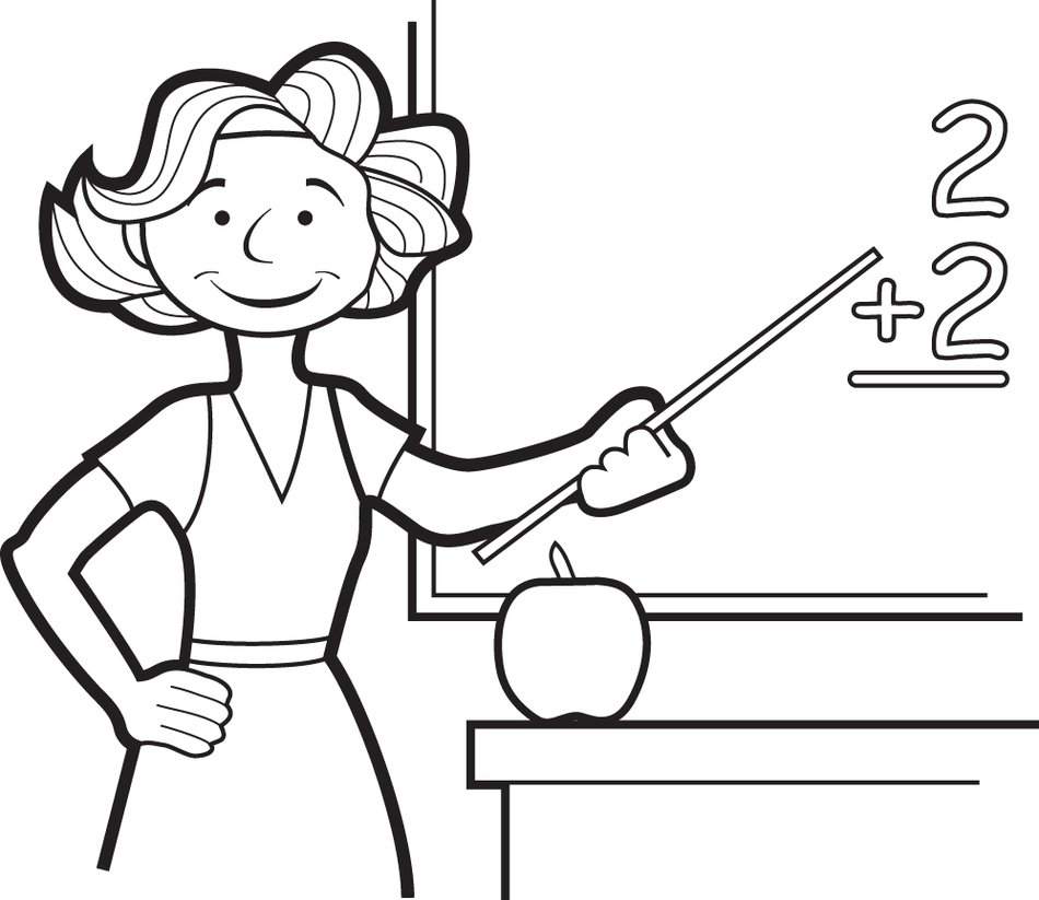 female teacher with pointer at black board, coloring page