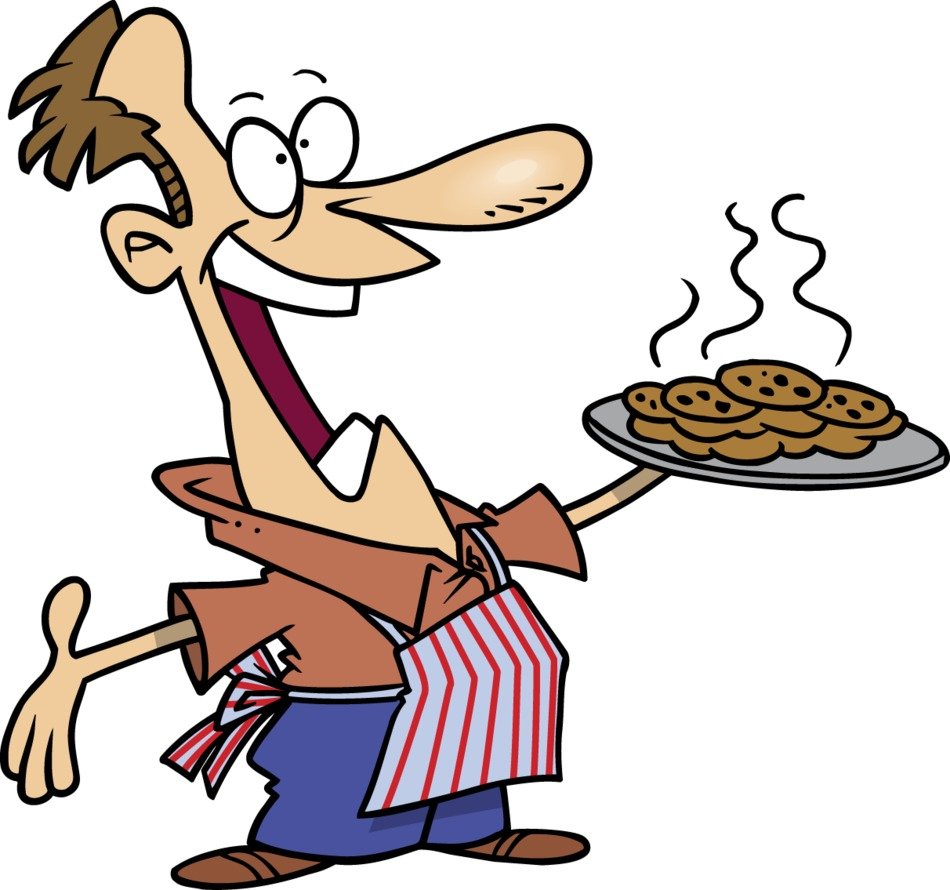 drawing of a cook with a tray of cookies