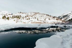 Beautiful landscape of the charming Lake among the hills covered in snow