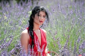 brunette young woman in the lavender field