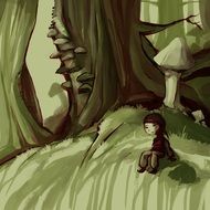 Child in the green forest clipart
