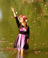 smiling Girl Blonde Wreath Water Petals