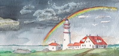 drawing of Landscape with the lighthouse and rainbow