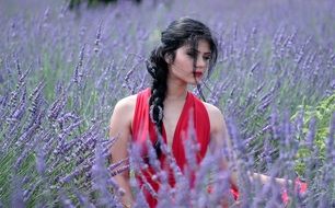 woman in red dress in the lavender field