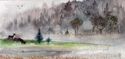 Watercolour painting of Deer in Foggy Landscape