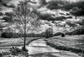 black and white picture of river and rural fields