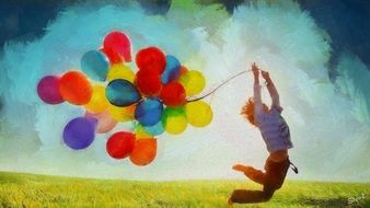 painted running boy with colorful balloons