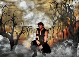 Man on the magical landscape clipart