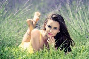 brunette beautiful woman on the lavender field
