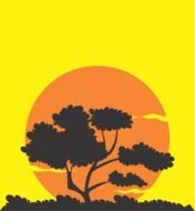 Tree silhouette at orange sun, illustration