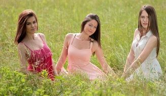 Three Buddy Girls wearing summer Dresses sitting in green grass