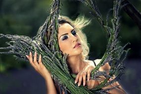 beautiful blonde woman with lavender bouquet