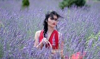 brunette Girl Lavender Flowers Blue