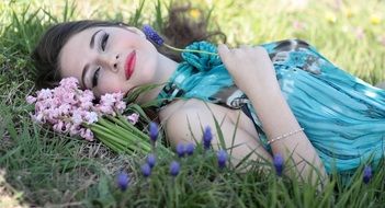 Girl on meadow Hyacinth Flowers Nature