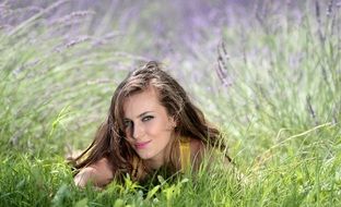 posing attractive model on the lavender field