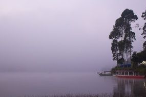 moored boats on the shore of a foggy lake