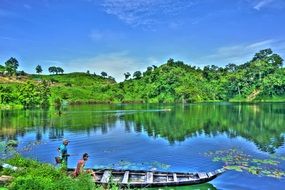 computer image of fishermen in a boat on a lake in Asia