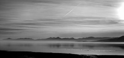 calm Lake in fog at mountains, Greyscale Landscape