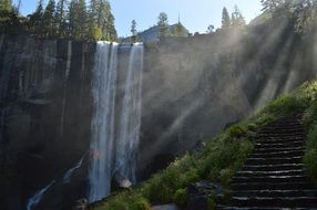 staircase to a rocky waterfall