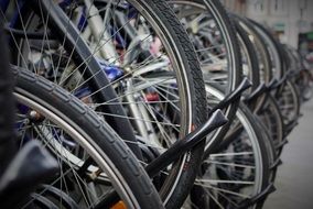 Bicycles on stand, Tires close up