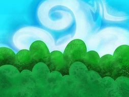Beautiful painted green landscape with trees under blue sky with white clouds