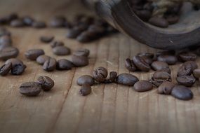 scattered grains of coffee on a wooden table