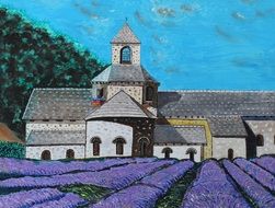 Beautiful Lavender fields near the monastery in Provence on the drawing