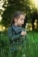 girl is blowing on a fluffy dandelion