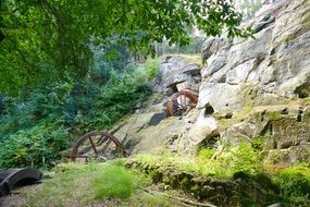 wooden wheels on a rock