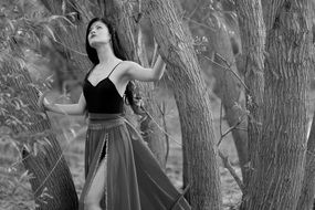 beautiful model in the forest in black white