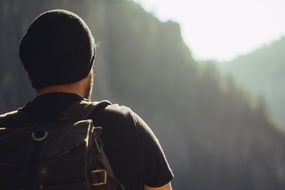 Person hiking in sunny mountains among the plants