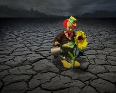 computer image of a clown watering a sunflower