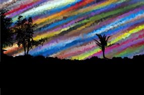 painted trees on a background of rainbow sky