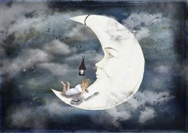 artwork of child Boy with Books on moon in Cloudy Sky