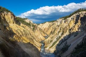 Beautiful panoramic view of the Yellowstone River in the canyon under blue sky with white clouds