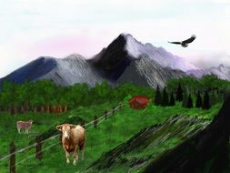 cow on a pasture near the mountain