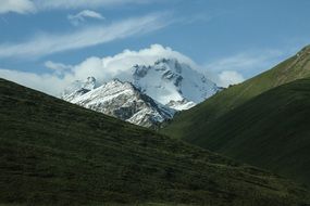 Landscape of high snowy mountains