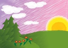 children's drawing in the form of a sunset over the valley