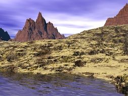 landscape of the coast against the backdrop of pointed mountains