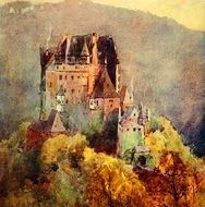 watercolor painting of a castle