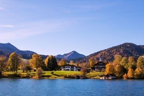 landscape of house on the lake surrounded by trees in tegernsee