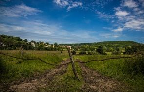 landscape of barbed wire as a fence on the field